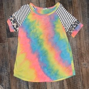 Tie dye, stripe, and leopard Boutique top